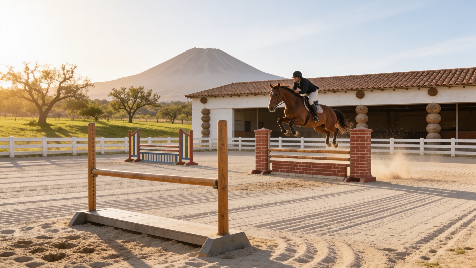 La arena de salto del rancho al atardecer